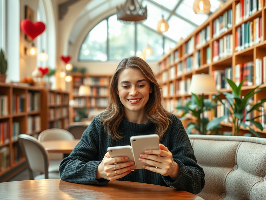 Девушка с улыбкой держит два смартфона в библиотеке, окруженной книжными полками и уютной атмосферой.