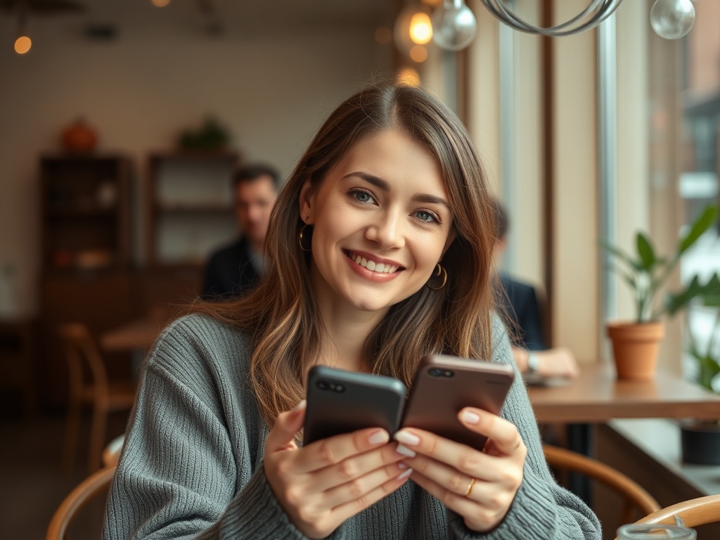 Девушка улыбается, держа в руках два смартфона, сидя в кафе с уютной атмосферой.