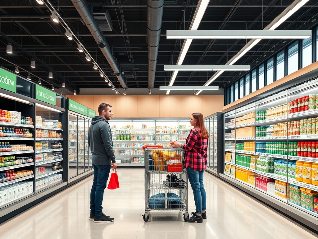 Два покупателя стоят в супермаркете рядом с тележкой среди полок с продуктами.