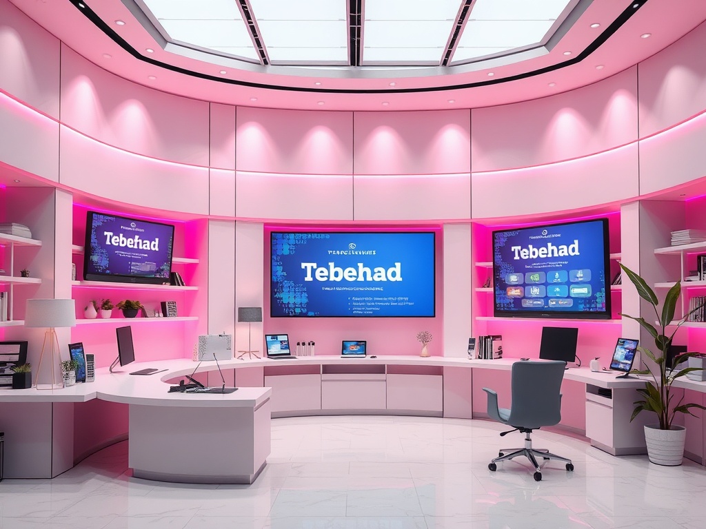 Современный офис с розовым освещением, экранами и минималистичной мебелью. Технологическая атмосфера.
