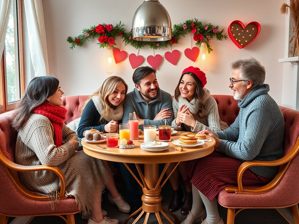 Веселая компания за столом с закусками, напитками и праздничным декором на фоне. Счастье и дружба.