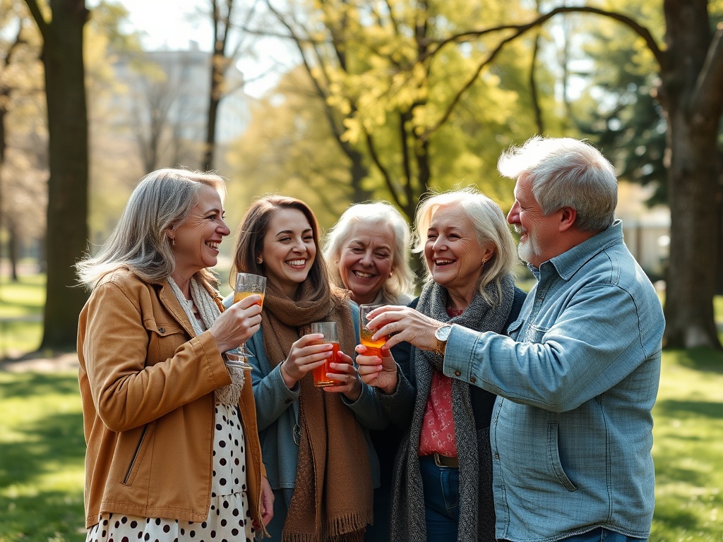 Группа из пяти людей весело общается и поднимает бокалы на солнечном парке.