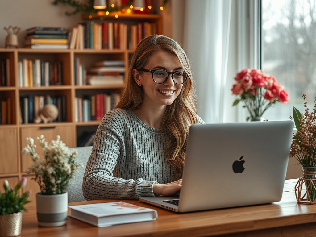 Молодая женщина в очках улыбается, работая на ноутбуке в уютной комнате с книгами и цветами.
