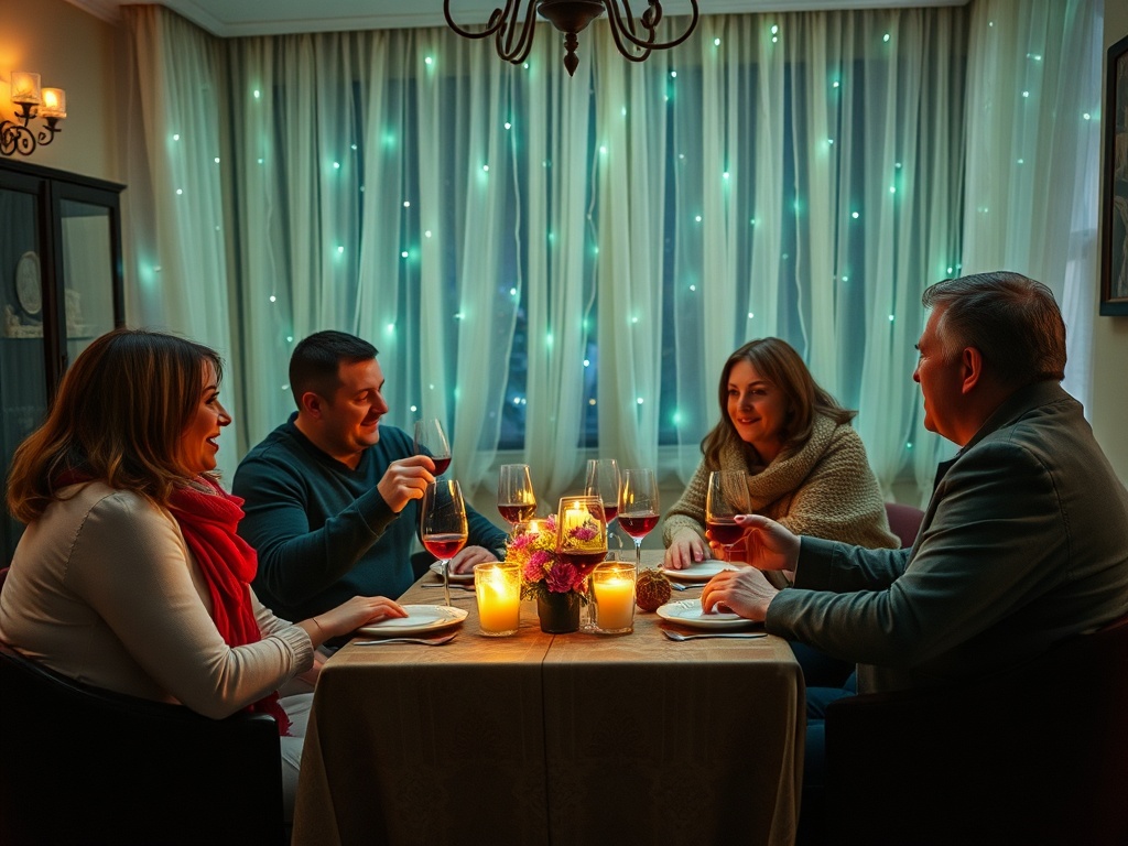 Пятеро друзей наслаждаются ужином при свечах и разговоре, окруженные праздничным светом.