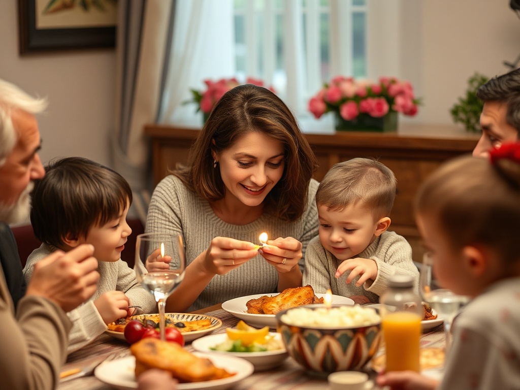 Счастливая семья собирается за столом, наслаждаясь угощениями и общением в тепле домашнего уюта.