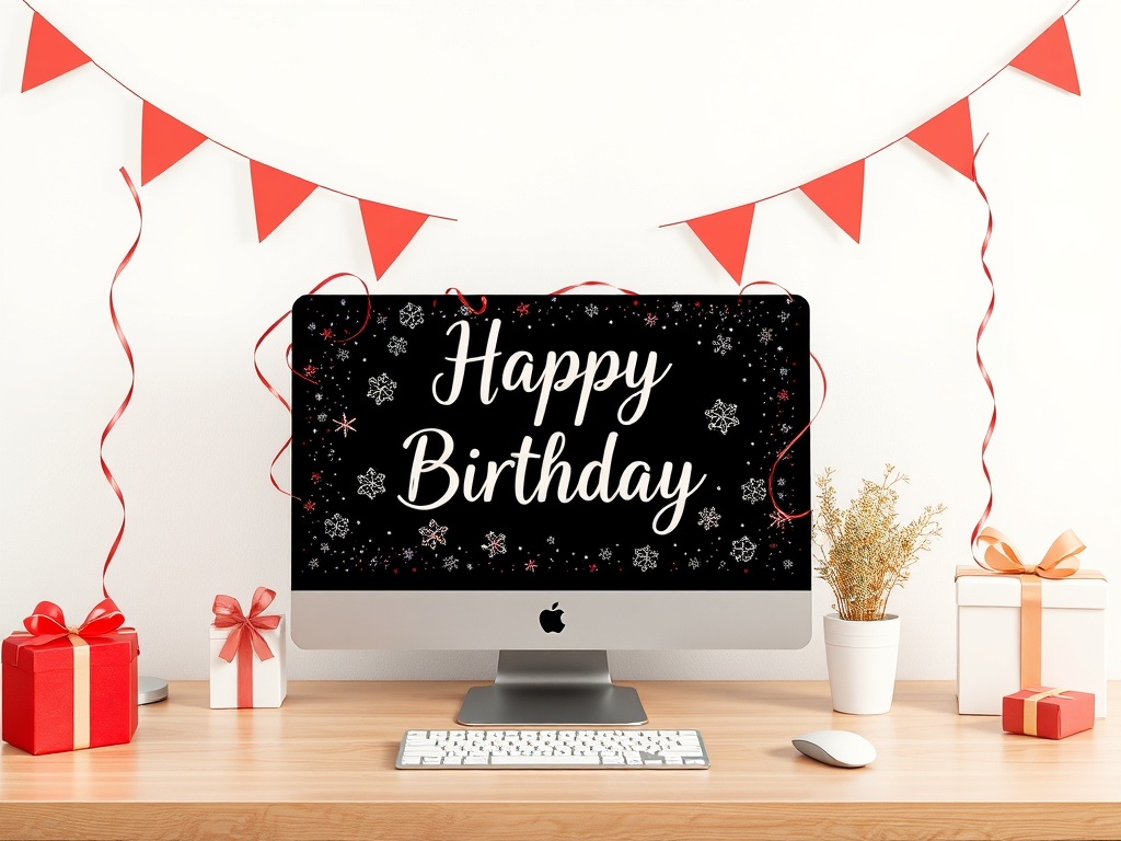 На компьютере с черным фоном написано "С днем рождения". Украшения и подарки на столе.