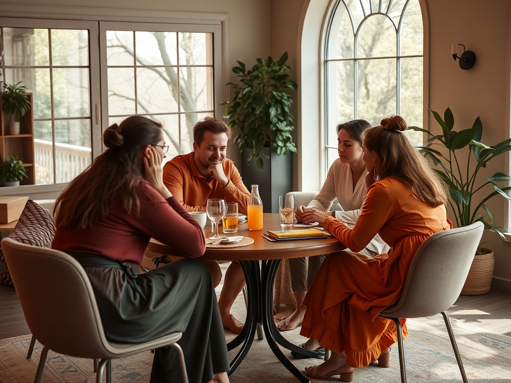 Четыре человека сидят за столом в уютной комнате, обсуждая что-то важное с напитками на столе.