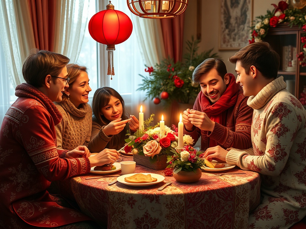 Семья празднует, делясь угощениями и радостью за праздничным столом с цветами и свечами.