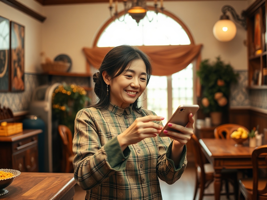 Молодая женщина улыбается, смотря на телефон в уютном кафе с деревянной мебелью и зелеными растениями.