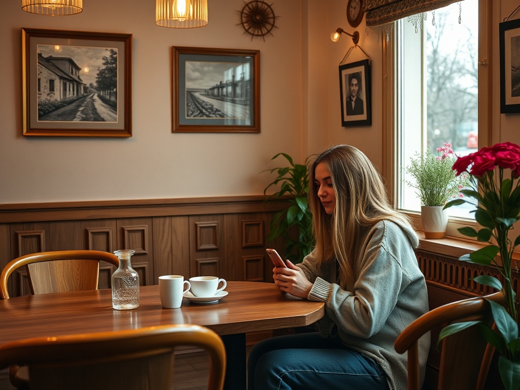 Девушка в кофейне сидит за столом, наслаждаясь напитком и просматривая телефон. На стенах – черно-белые фотографии.