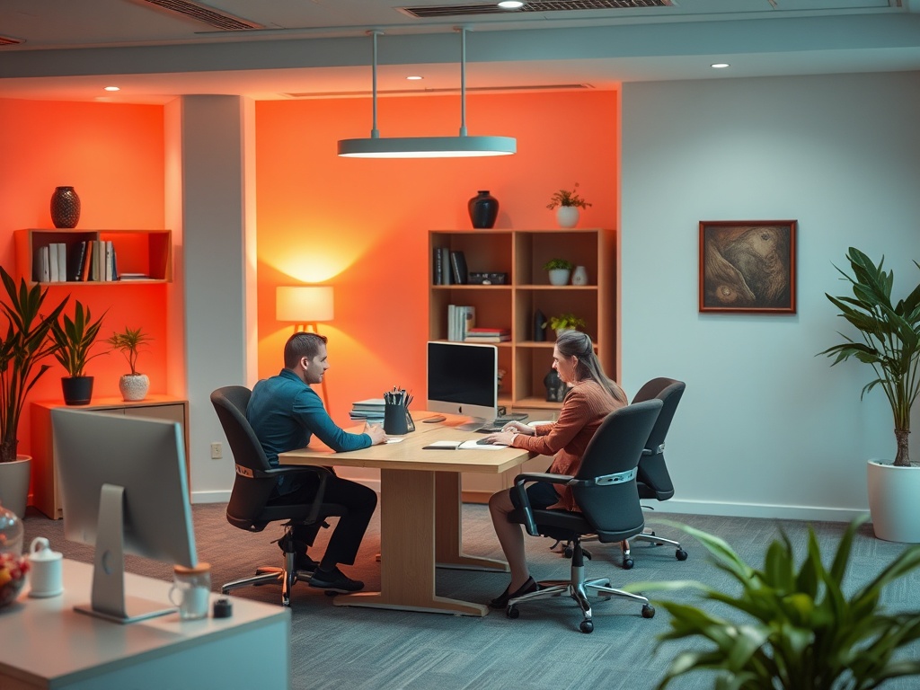 Два человека сидят за столом в современном офисе с ярким освещением и растениями. Атмосфера дружелюбная.