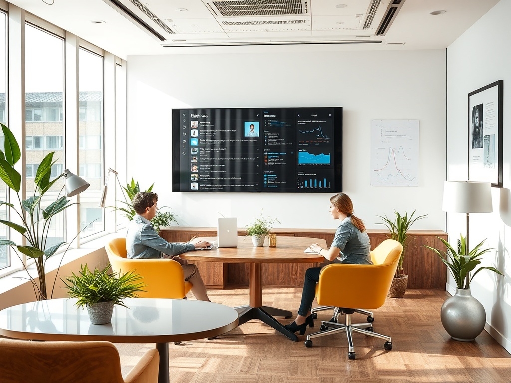 В современном офисе две женщины обсуждают данные на экране, окруженные зелеными растениями.