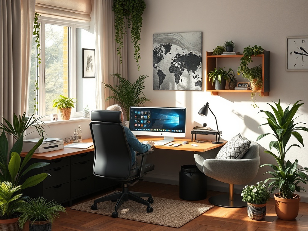 Современный домашний офис с зелеными растениями, компьютером и уютной мебелью у окна.