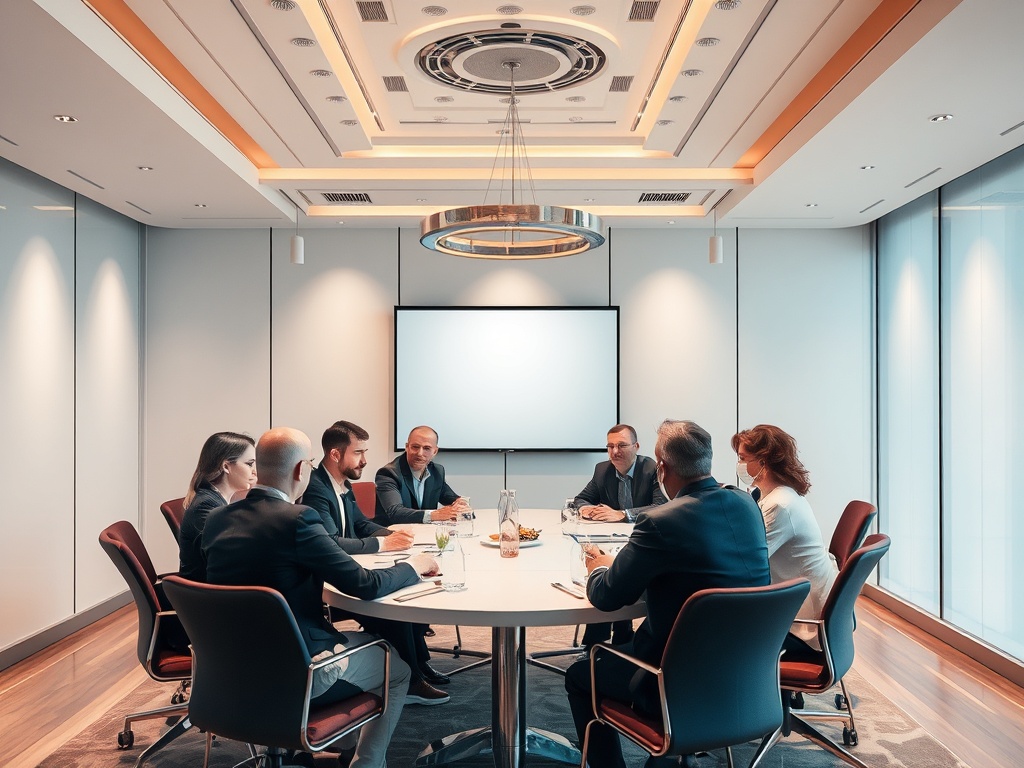 На встрече в современном офисе семь человек обсуждают важные вопросы за круглым столом.