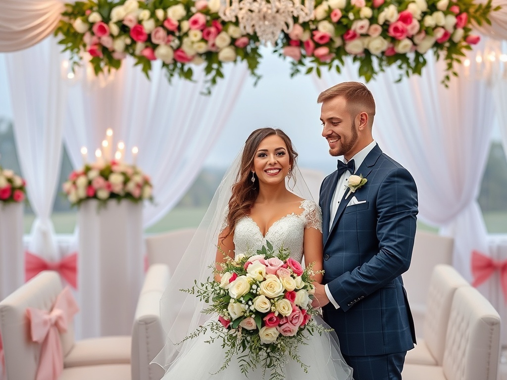 На картине молодожены на свадьбе, улыбаются, окруженные цветами и декорациями в романтическом стиле.