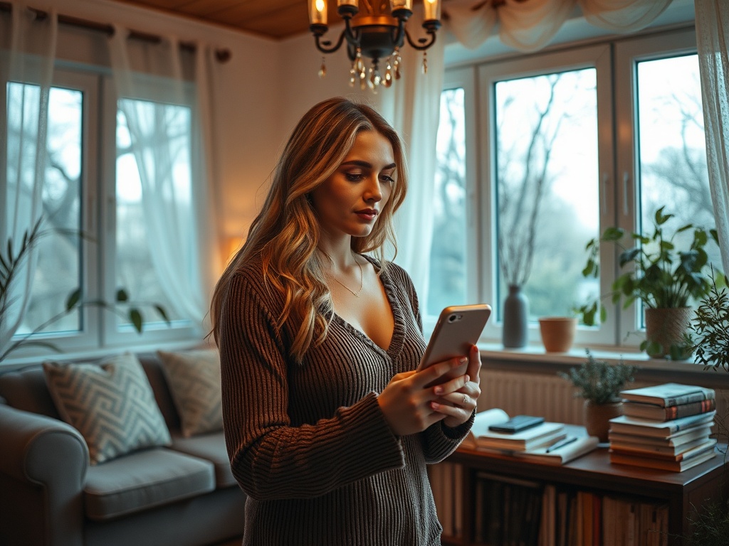 Девушка с длинными волосами смотрит на телефон в уютной комнате с окнами и растениями.