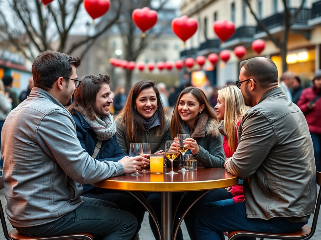 На фото группа друзей смеется и общается за столом, украшенным сердцами, на фоне городского пейзажа.