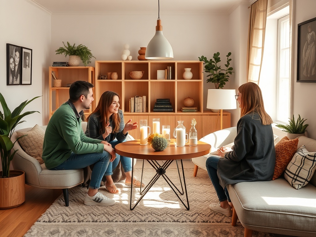 Два человека беседуют за столом в уютной комнате. Третья женщина слушает их, сидя на диване.