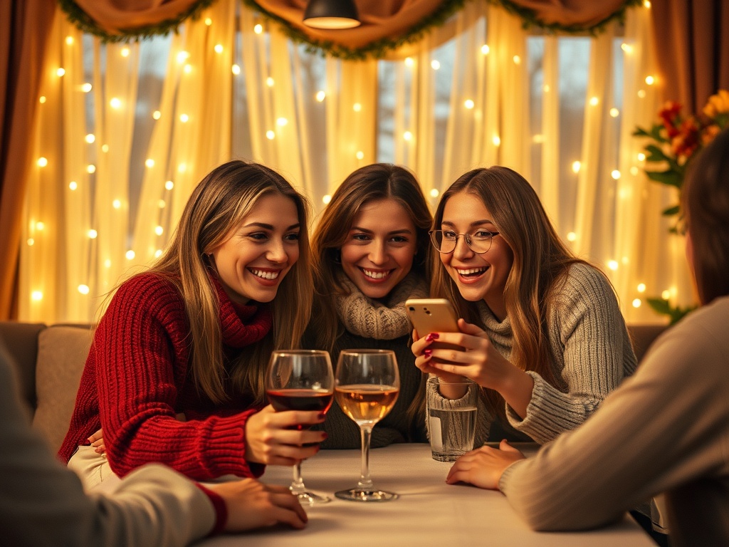 Три девушки сидят за столом, смеются и смотрят на телефоны, вокруг огоньки на окне.