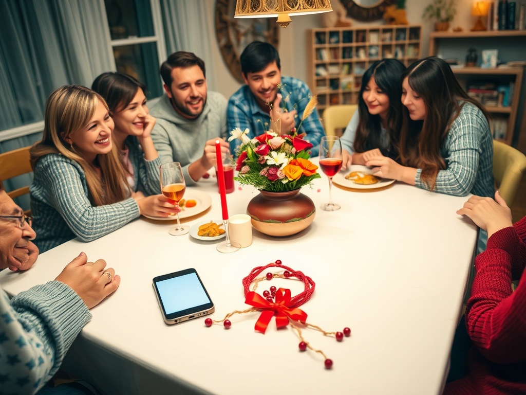 Компания друзей за праздничным столом, наслаждаясь едой и напитками, украшенная цветами и свечами.