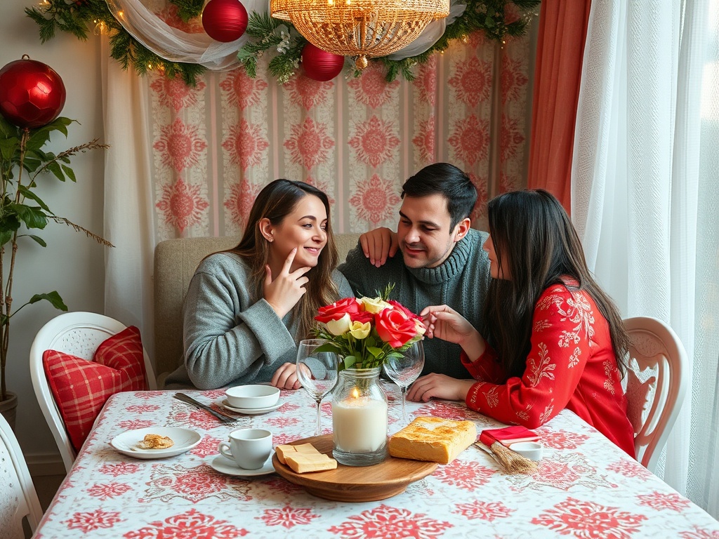 Трое друзей наслаждаются временем вместе за праздничным столом с цветами и угощениями.