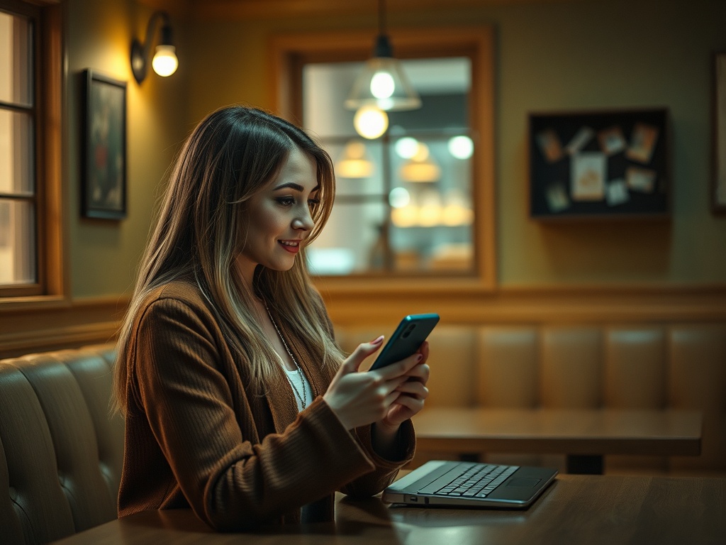 Молодая женщина сидит в кафе, использует телефон и улыбается, рядом с ней стоит ноутбук.