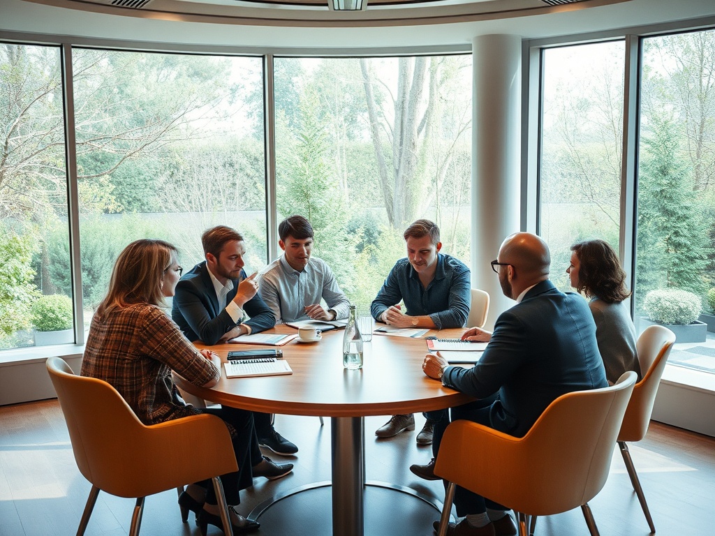 Группа людей обсуждает идеи за круглым столом в светлом офисе с окнами. На улице зелень деревьев.