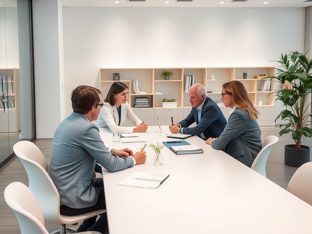 Четыре человека на деловой встрече в современном офисе, обсуждают проекты и делают заметки.