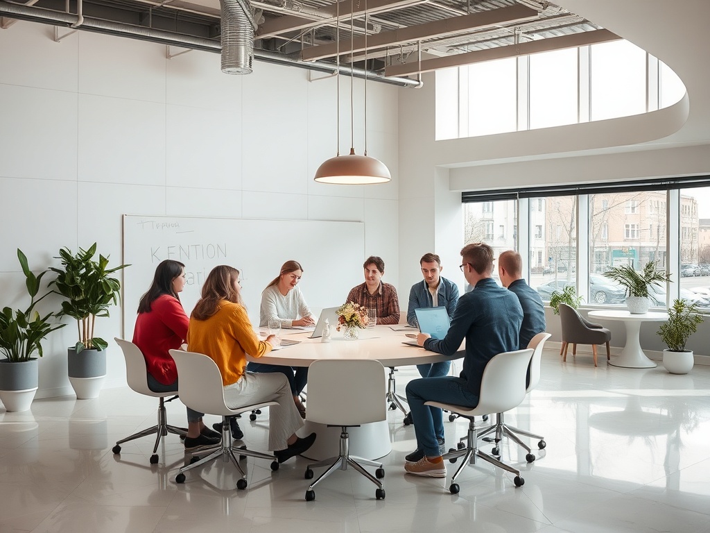 Группа людей обсуждает идеи на встрече в современном офисе с большим окном и растениями.