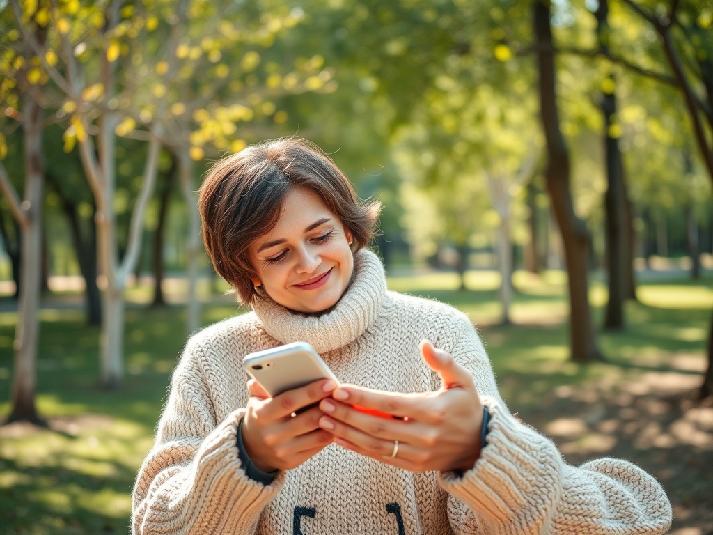 На фото девушка в уютном свитере, улыбается и смотрит на телефон на фоне зеленого парка.