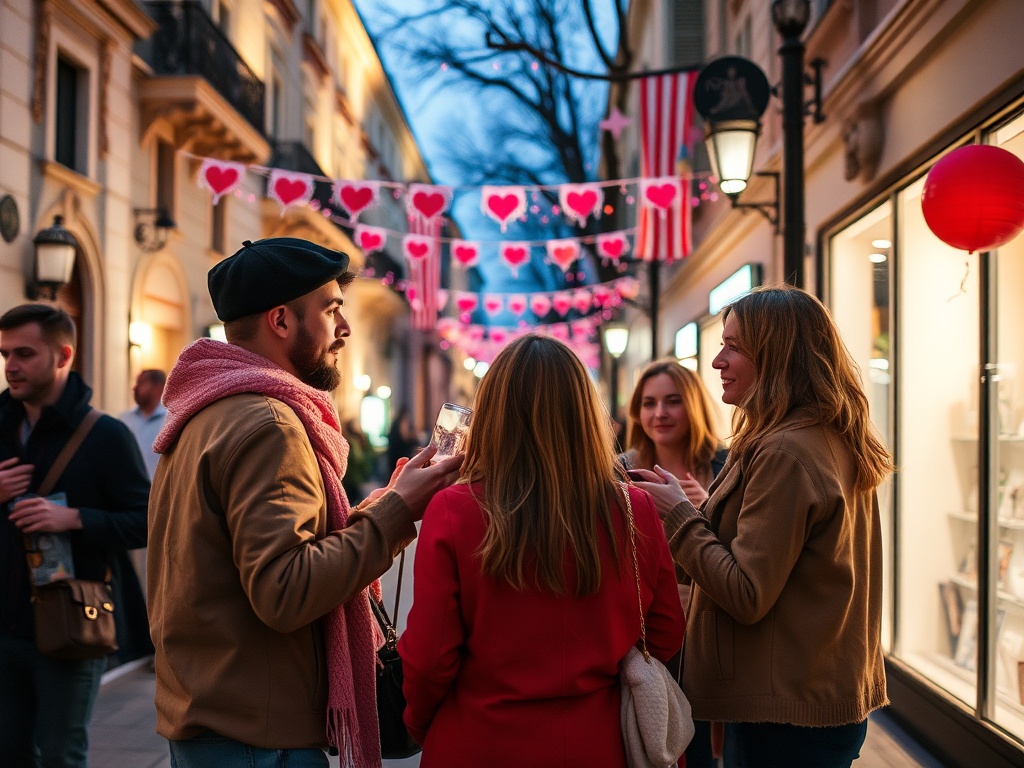 Группа людей общается на улице, украшенной сердечками и фонариками, в вечернее время.