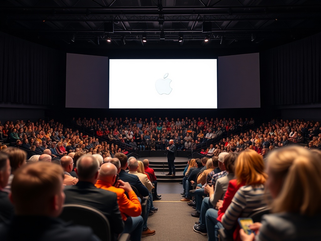 На сцене выступает спикер перед большой аудиторией в зале с логотипом Apple на экране.