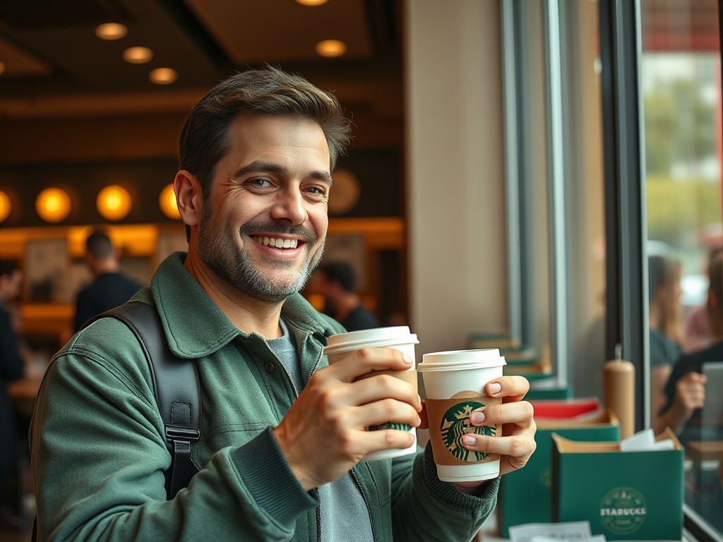 Молодой человек в кофейне держит два стакана кофе, улыбается, позируя у окна. Стильная атмосфера вокруг.