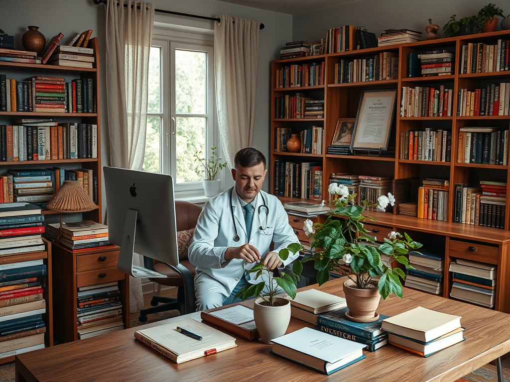 На изображении врач ухаживает за растением в уютном кабинете с книгами и компьютером.