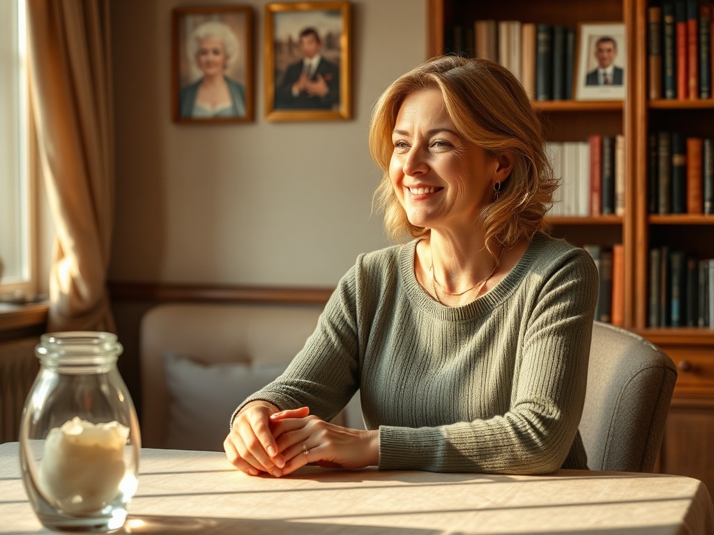 Женщина сидит за столом, улыбается. На стене висят портреты, напротив — заполненные книги.