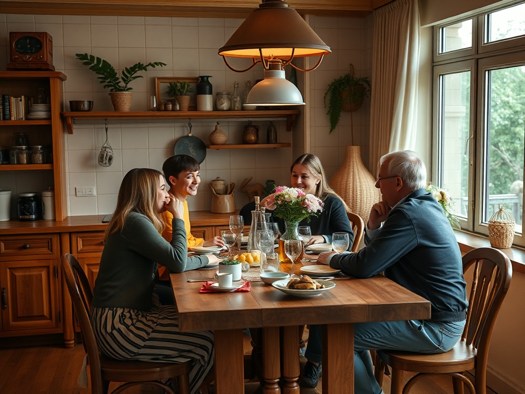 Семья ужинает за деревянным столом в уютной кухне, наслаждаясь общением и вкусной едой.