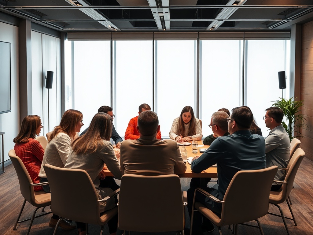 Группа людей обсуждает вопросы за круглым столом в светлом офисе с большими окнами.