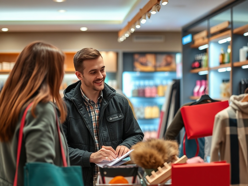 В магазине консультант общается с покупательницей, предлагая помощь в выборе товара.