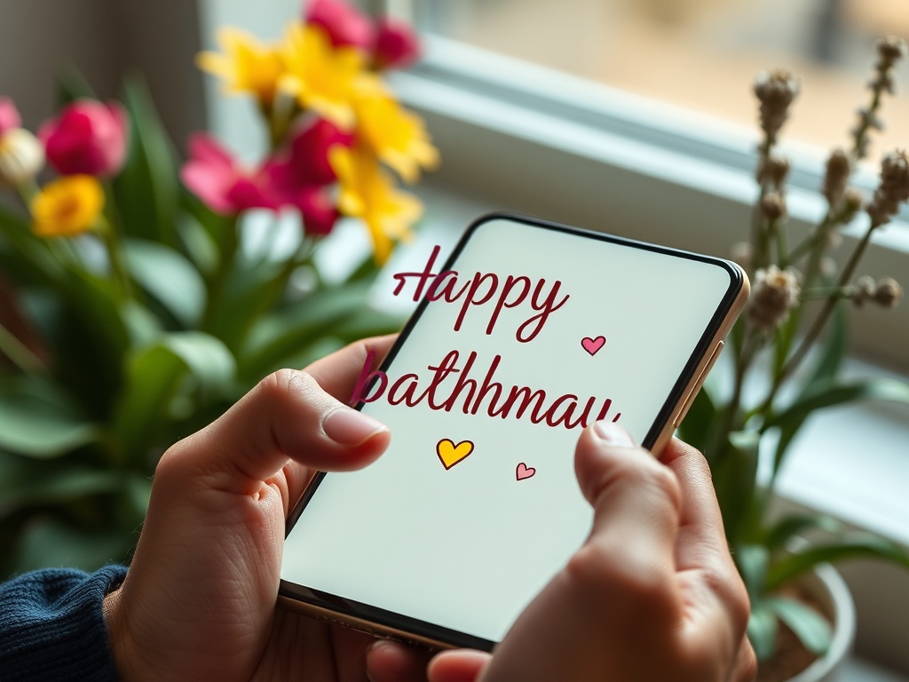 На экране смартфона надпись "С днём рождения" с сердечками, на фоне цветущих растений.