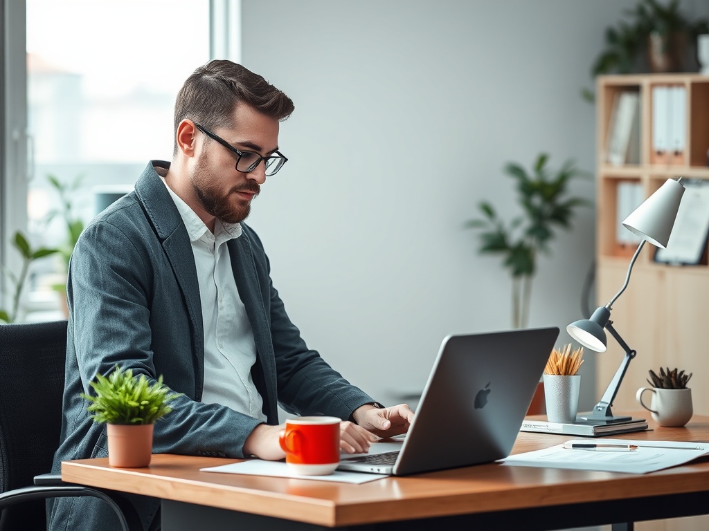 Молодой человек в офисе работает за ноутбуком, на столе цветы и чашка с кофе.