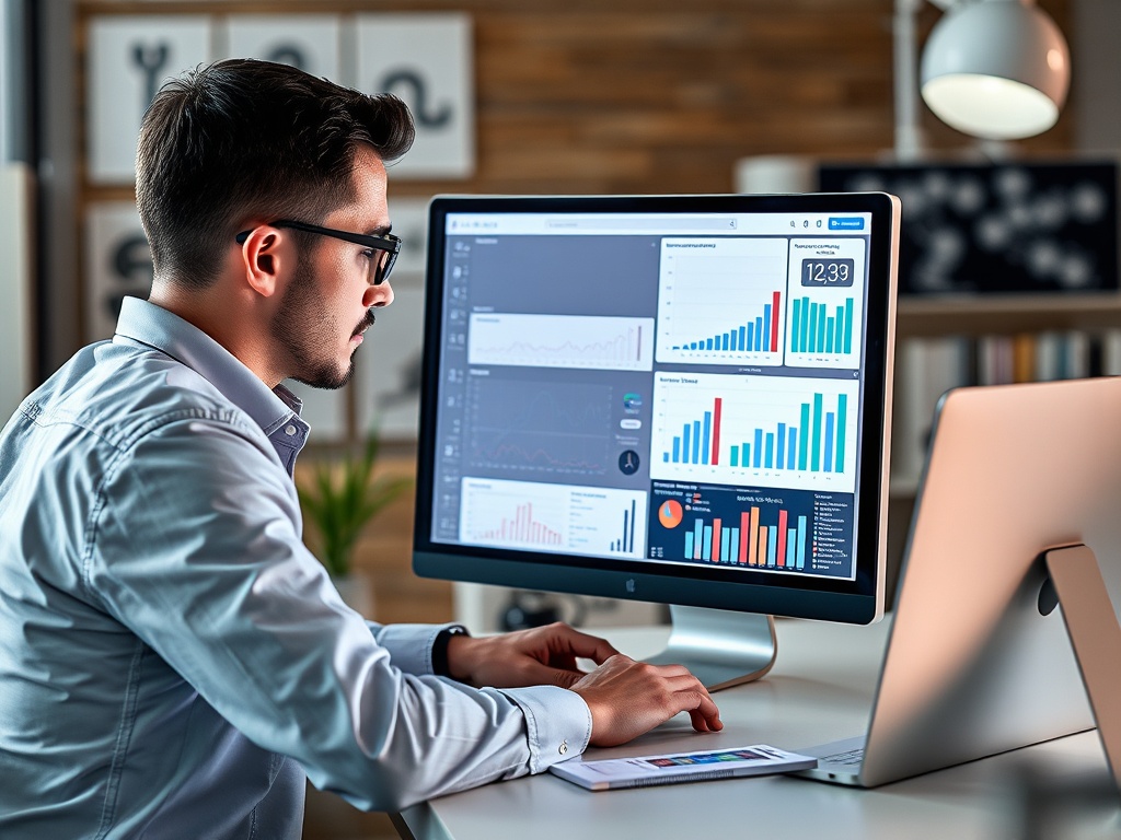 Мужчина в очках работает за компьютером, анализируя данные и графики на экране, в современном офисе.