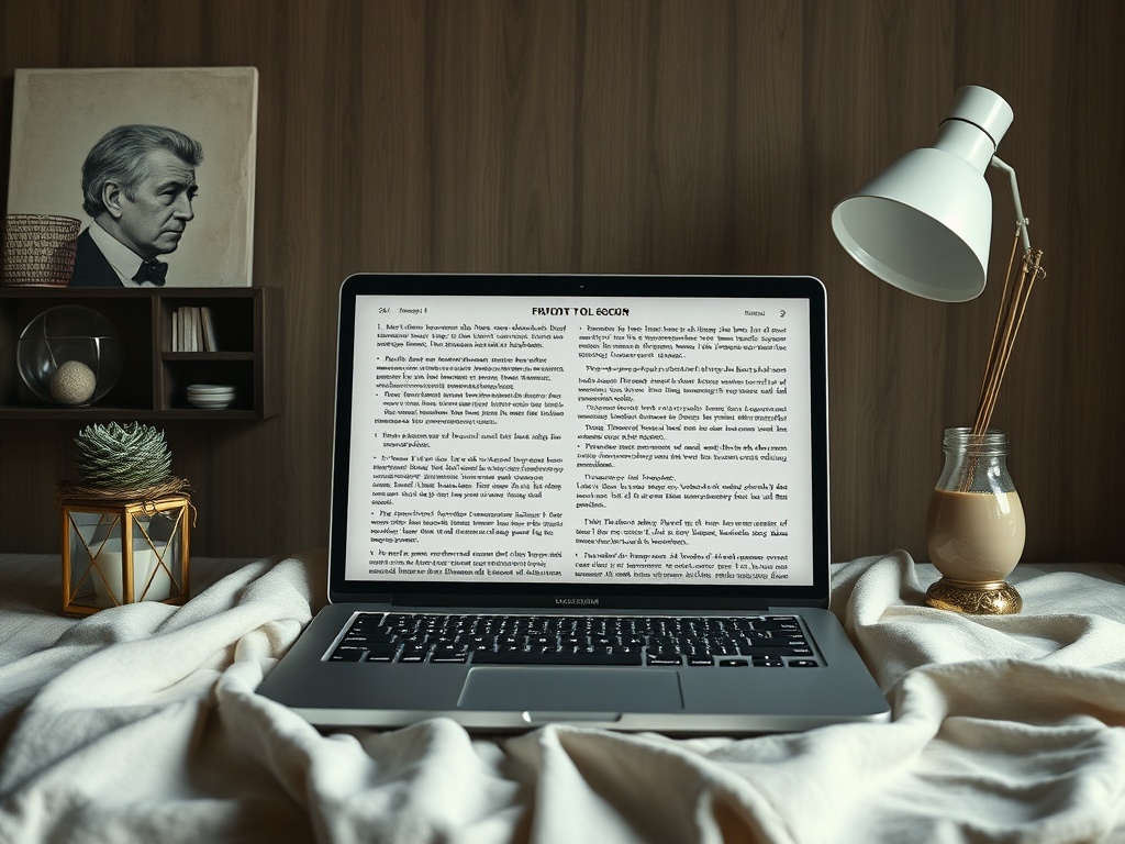 На столе ноутбук с открытой книгой, рядом лампа и растение в горшке, на фоне картина и плед.