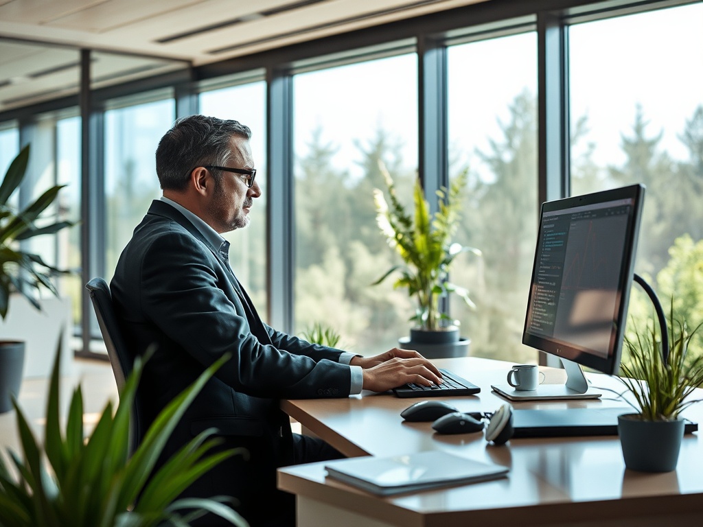 Мужчина в деловом костюме работает за компьютером в офисе с большими окнами и зелеными растениями.
