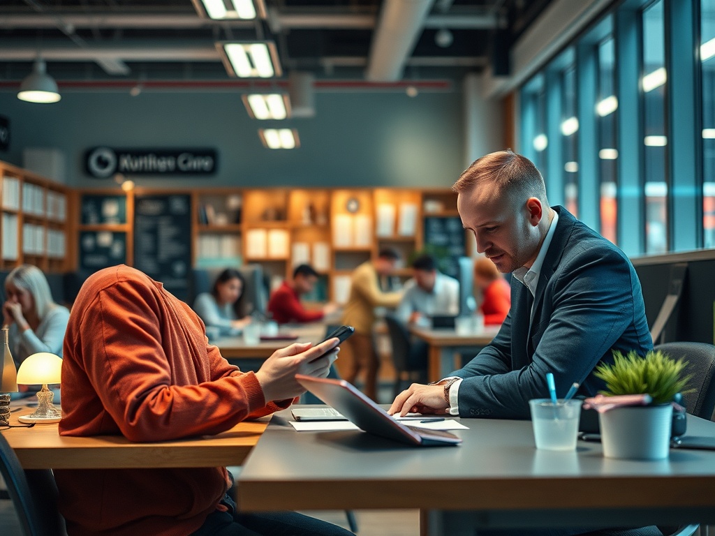 На изображении люди работают в офисе: один без головы, другой в костюме сосредоточен на ноутбуке.