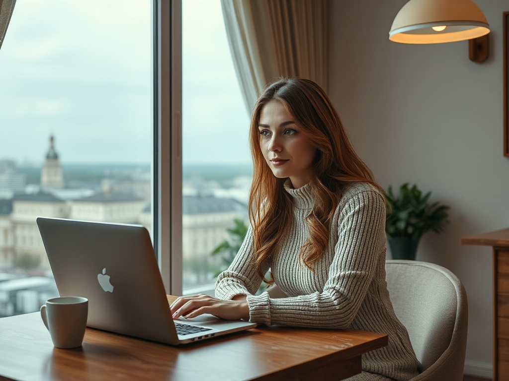 Девушка работает за компьютером с видом на город, уютная обстановка и спокойная атмосфера.