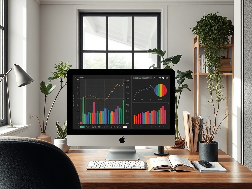 Компьютерный стол с монитором, отображающим графики и диаграммы, окружённый зелёными растениями.