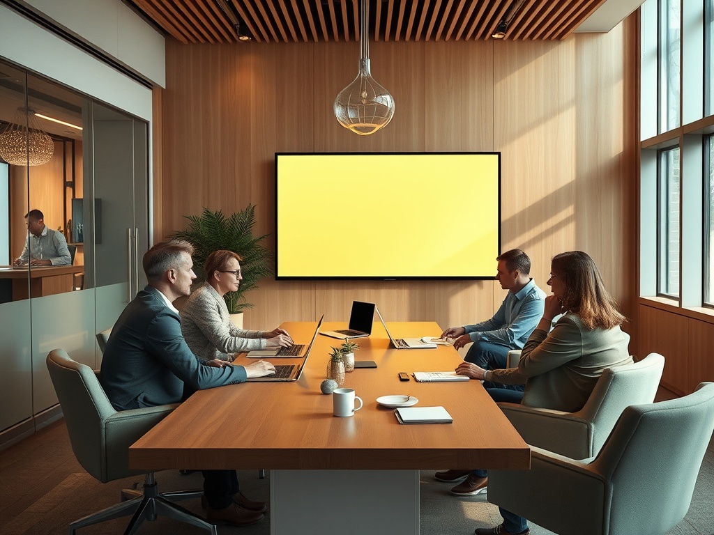 В современном офисе группа людей обсуждает идеи за столом в конференц-зале. На экране — жёлтый фон.