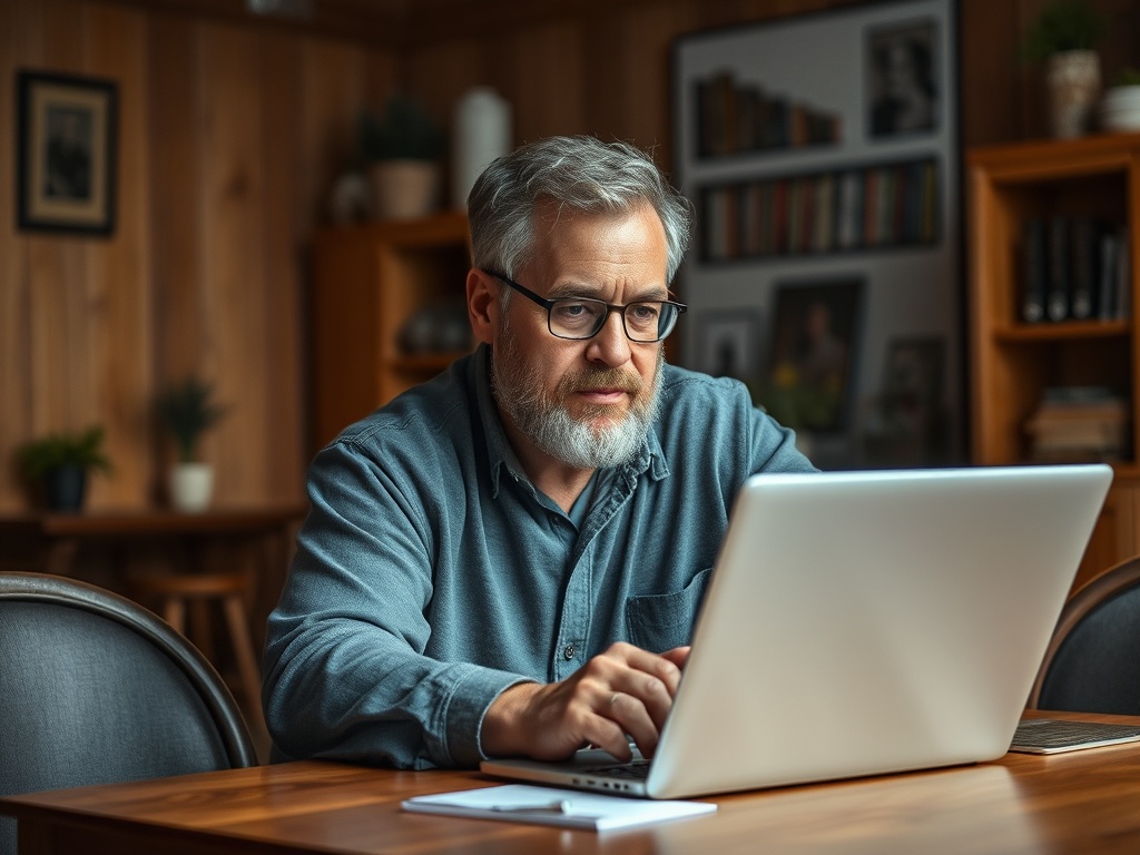 Мужчина с бородой работает на ноутбуке в уютном помещении с деревянными стенами и книгами на полках.