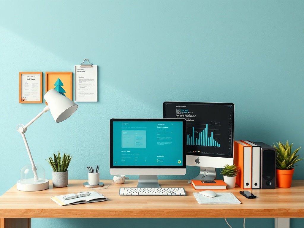 Офисный стол с компьютерами, растениями, настольной лампой и документацией на голубой стене. Стильный и современный.