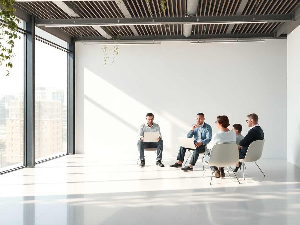 Группа людей обсуждает идеи в современном офисе с большими окнами и естественным светом.